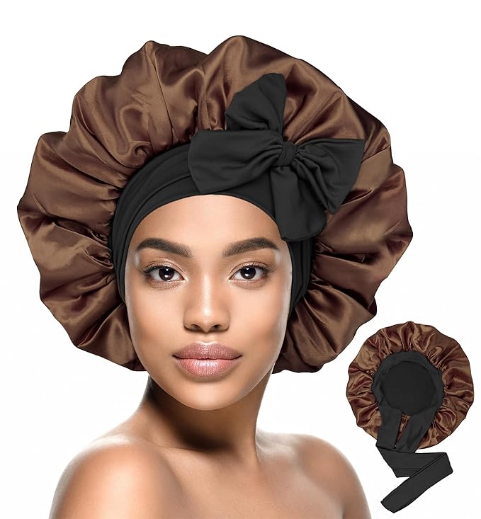 HiRui Silk Satin Bonnet for Sleeping Women, Double-Layer Sleep Cap Shower Cap with Adjustable Tie, Moisture Retaining Satin Lined Hair Bonnet for Curly and Natural Hair (Brown/Black, Medium)
