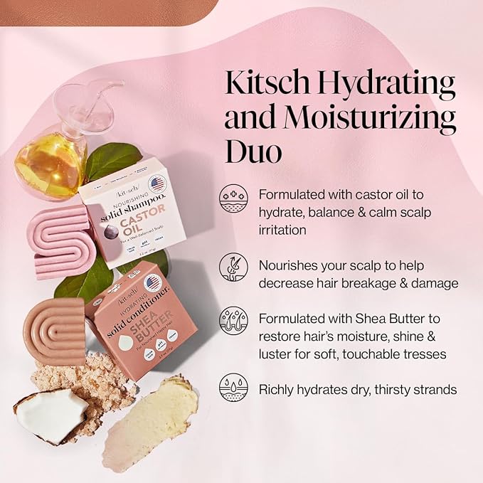 Kitsch Castor Oil Shampoo & Shea Butter Conditioner Bar – Shampoo and Conditioner Set - Hydrating & Moisturizing Bar Soap - Free of Paraben, Silicone, Sulfate - Made in USA - 2pc Set