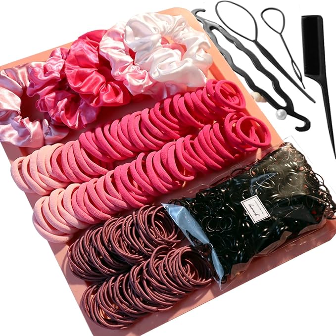 YANRONG Hair Accessories for Woman Set, 755PCS Seamless Ponytail Holders Variety Hair Scrunchies Hair Bands Scrunchy Hair Ties For Thick and Curly (Rose)