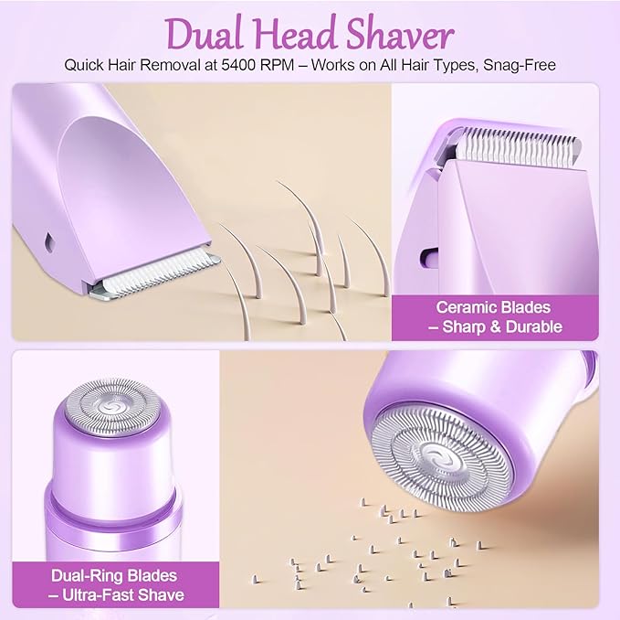 2-in-1 Bikini Trimmer for Women, Bikini Shaver, Dual Head Electric Razor, IPX7 Waterproof Wet/Dry, USB Rechargeable for Pubic/Underarm/Leg, Pink