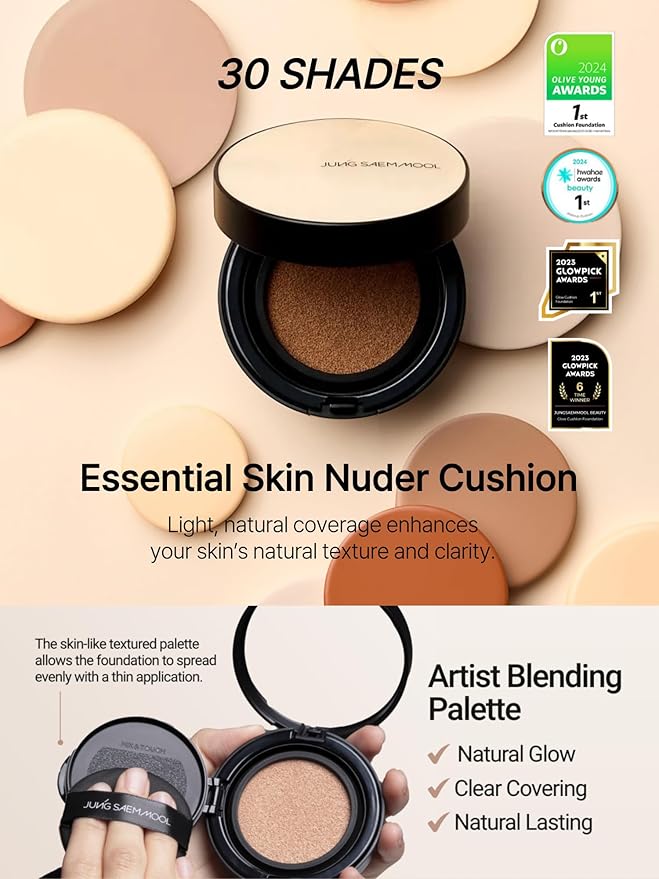 JUNG SAEM MOOL Essential Skin Nuder Cushion 25N Bronze 0.49 Fl Oz, No Refill, Natural Radiant Finish Cushion Foundation with Buildable Coverage, Lightweight Texture, Korean Foundation Makeup