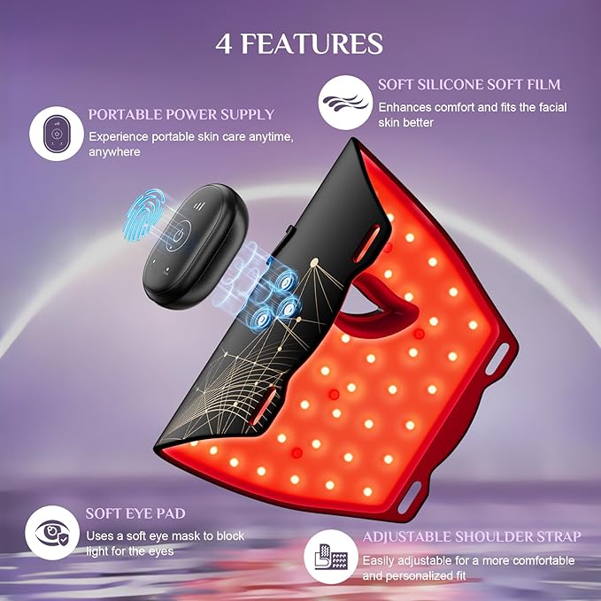 LED Light Therapy Mask Skin Care Mask, Glow Wireless LED Red LED Red 630±5nm & NIR 830nm Wavelength for Home Use