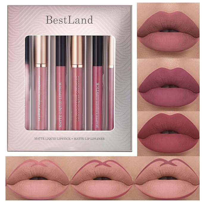 BestLand 6Pcs Matte Liquid Lipstick and Lip Liner Set, Non-Stick Cup Not Fade Waterproof 24 Hour Lip Gloss Nude Brown Lip Liner Pencil for Women, labiales mate 24 horas originales (Set C)