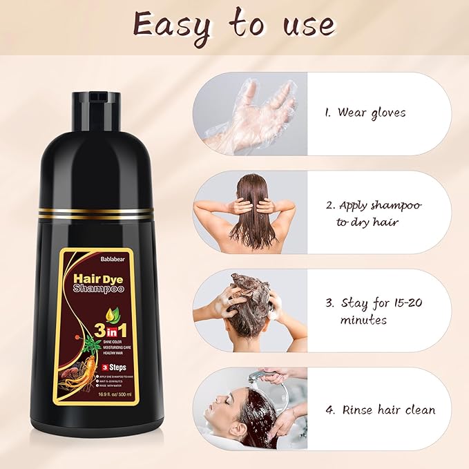 Bablabear Dark Brown Hair Color Shampoo for Gray Hair 500ML Instant Hair Dye Shampoo for Men & Women-3 in 1 Color Shampoo