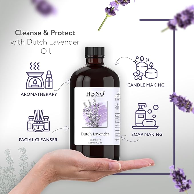 HBNO Lavender Dutch Oil - 16 oz (475 ml) Large Size - Ideal for Shampoos, Conditioners, Mouth Washes, Face wash, Lotions, and Skin Care Products (Glass Bottle).