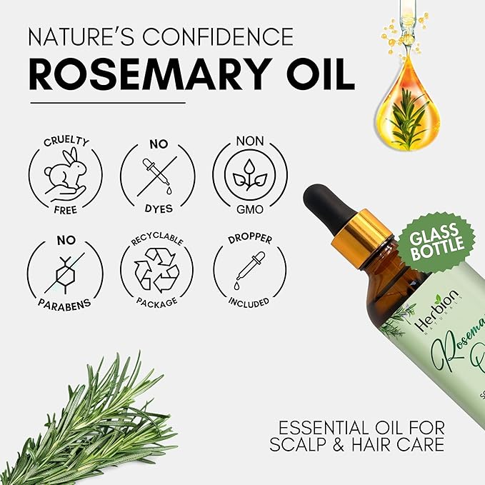 HERBION Naturals Rosemary Hair Oil, 3.4 fl Oz: Ultimate Hair Growth Oil, Infused with Essential Oils for Scalp and Hair Care, Hair Growth Serum with Lavender & Tea Tree, Glass Bottle