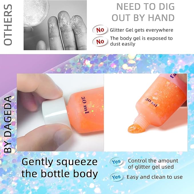 DAGEDA Body Glitter Gel, Face Glitters Body Gel Sequins Shimmer Liquid Eyeshadow, Chunky Glitter for Face Hair Nails, Holographic Cosmetic Laser Powder Festival Glitter Makeup 1.7oz (Coral)