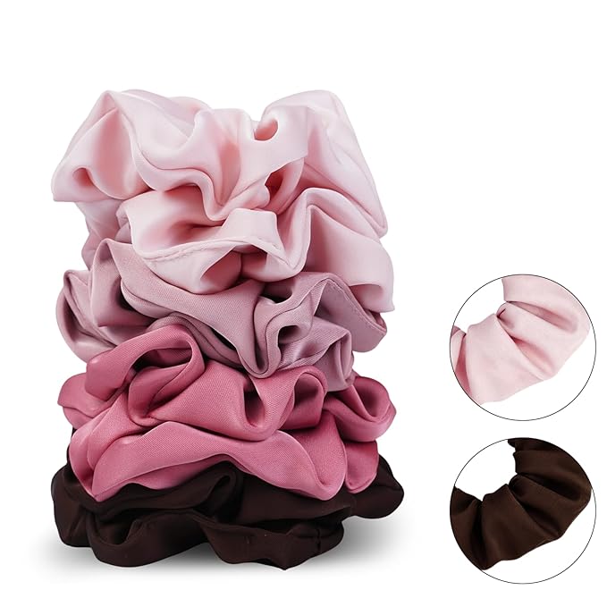 Satin Scrunchies for Women – 8PCS Blush & Brown Silk Hair Ties Set – No Crease, Frizz-Free, Gentle Elastic Hair Bands, Soft & Stylish Everyday Hair Accessories Gifts