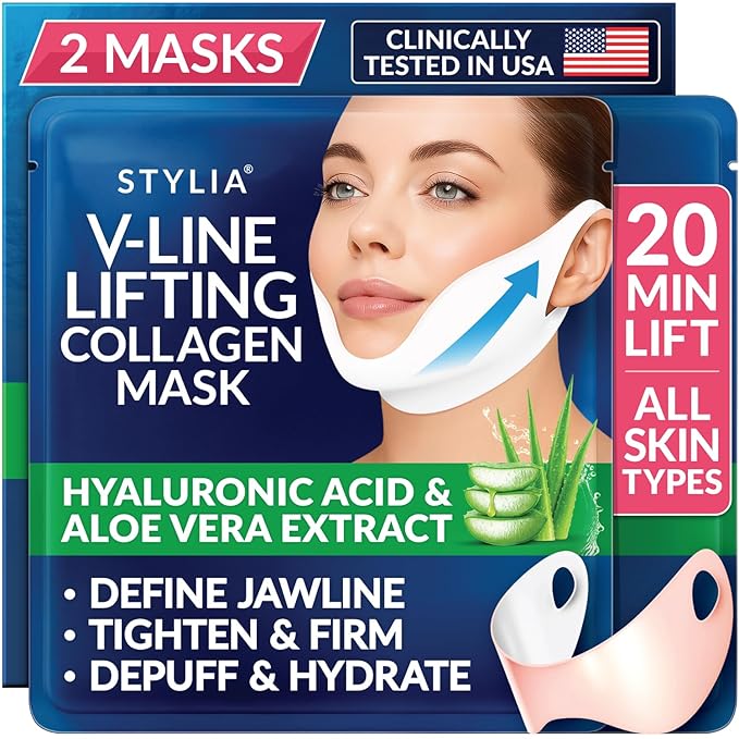 Stylia V Line Lifting Collagen Mask - Lift, Firm & Contour Jawline - Double Chin Reducer Strap with Hyaluronic Acid & Aloe - Neck Tightening and Lifting Mask - Jawline Shaper Face Lift Tape (2PC)