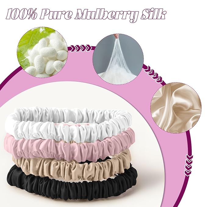 8Pcs 100% Mulberry Silk Scrunchies Hair Care, Skinny Hair Ties Elastic, 22 Momme Mulberry Silk Hair Ties Scrunchies Set Women Curly Thin Hair