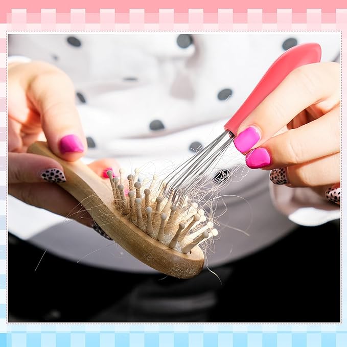 Boao 2 Pieces Hair Brush Cleaning Tool Comb Set 2-in-1 Mini Hair Brush Dirt Remover with Metal Wire Rake for Removing Dust Home and Salon Use (Pink and Gray)