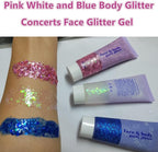 Go Ho White Pink and Blue Body Glitter Set,Singer Concerts Face Glitter Gel Makeup,Holographic Long Lasting Chunky Sequins Glitters for Eye Lip Hair Nails,Festival Rave Accessories