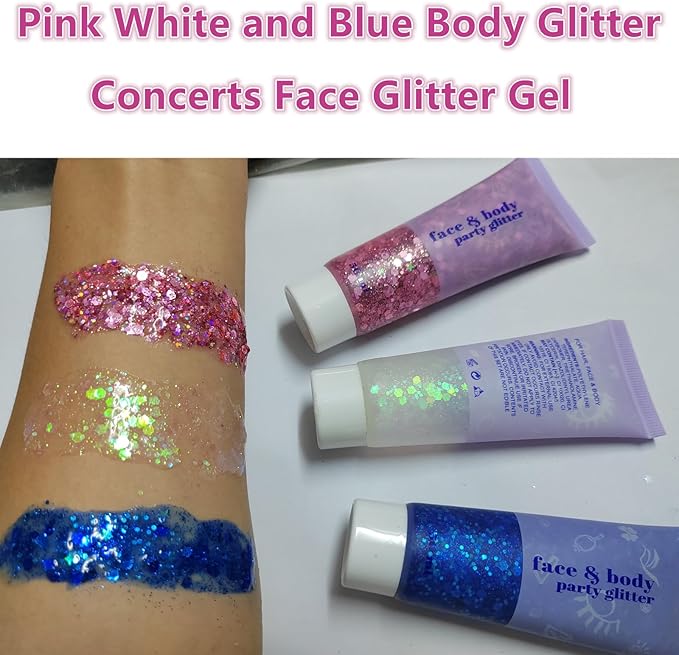 Go Ho White Pink and Blue Body Glitter Set,Singer Concerts Face Glitter Gel Makeup,Holographic Long Lasting Chunky Sequins Glitters for Eye Lip Hair Nails,Festival Rave Accessories