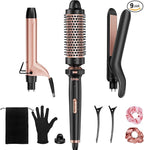 Ufree 3 in 1 Curling Iron, Curling Wand Set with Thermal Brush Flat Iron Hair Straightener, Dual Voltage Wand Curler, Instant Heat Up Hair Curler, Include Protective Glove 2 Clips, Gifts for Women