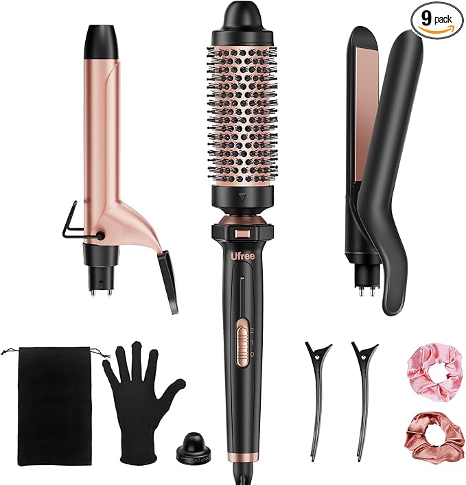 Ufree 3 in 1 Curling Iron, Curling Wand Set with Thermal Brush Flat Iron Hair Straightener, Dual Voltage Wand Curler, Instant Heat Up Hair Curler, Include Protective Glove 2 Clips, Gifts for Women