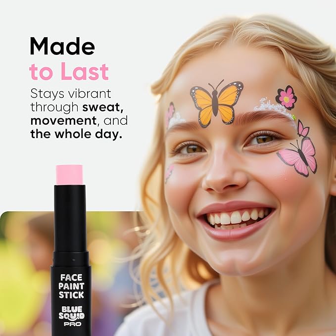 Blue Squid PRO Pastel Pink Face Paint Stick - Waterproof Body Paint for Adults & Kids Pink Eye Black Baseball, Eyeblack Softball -Hypoallergenic TwistUp NonToxic Makeup Stick for Cosplay, Sports & SFX