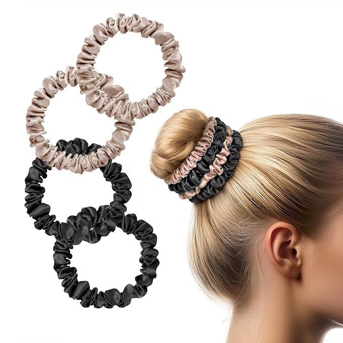 Zenssia Silk Scrunchies for Hair, 4PC Pure Mulberry Silk Hair Ties No Damage, Skinny Elastic Scrunchies for Fine & Thin Hair, Black Coffee