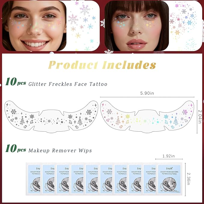 10pcs Christmas Face Glitter Freckles Tattoo, Holographic Body Glitter Faux Freckle Stickers for Women Girls, Sparkle Star Speckles Makeup Patches for Concert Festival Rave Cosplay Accessories