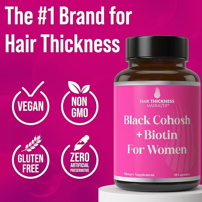 Black Cohosh + Biotin - Menopausal Hair Growth Supplement for Women. Menopause & Postmenopause Vitamins for Fuller Hair, Less Thinning, Hot Flashes. Black Cohosh, Biotin, & Chasteberry. Clean & Vegan