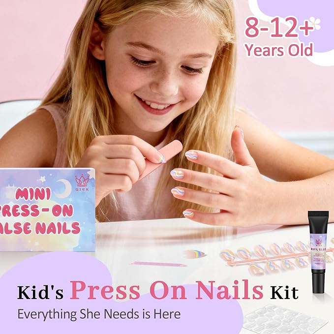 16 Sizes Press on Nails Kit for Kids - 32 Pieces French Almond Fake Nail Tips for Girls 8-12 Years Old with Jelly Nail Adhesives & No-Lamp Nail Glue, Birthday Christmas Gifts (Rainbow Flower)