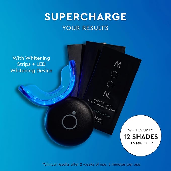 MOON Dissolving Teeth Whitening Strips, 14 No Rinse White Strips, Peppermint, Hydrogen Peroxide & Essential Oils, Whiten Sensitive Teeth up to 7 Shades in 2 Weeks, Travel Essentials, Vegan Oral Care