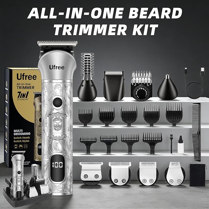 Ufree Beard Trimmer for Men, 7 in 1 Electric Shavers Razor, Cordless Hair Trimmer, Men's Grooming Kit for Body Hair, Nose, Face & Mustache, Birthday Gifts for Men, Husband Father