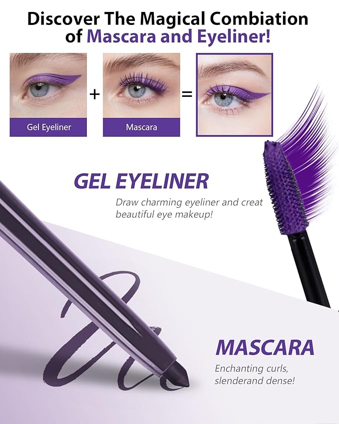 Purple Waterproof Colored Mascara&Eyeliner,5D Fiber Mascara for Eyelashes Volume and Length,Smudgeproof Color Waterline Gel Eye Liner Pen Lengthening Curling Máscara Women Party Stage Use Makeup Gift