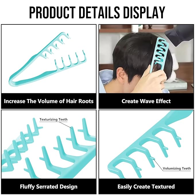 Volumizing Texture Comb, Wide-Tooth Hair Styling Comb for Men & Women, Fluffy Curly Texture Roots Volume Combs, Bangs Seam Grooming Styling Tool, Blue