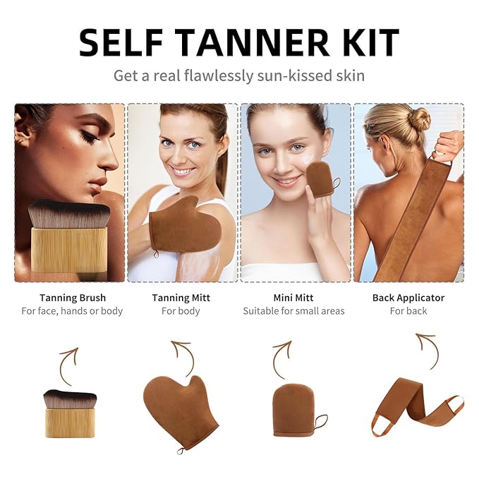 FUNAN Self Tanning Applicator Kit with Tanning Glove for Self Tan Mitt, Back Lotion Applicator, Mini Mitt and Ultra Soft Self Tanner Brush Bamboo Kabuki Brush, Brown