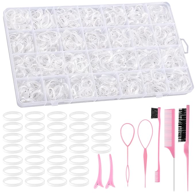 Clear Rubber Bands with 7 Hair Styling Tools, 1500 Pcs Elastic Ties Small Rubber Bands Baby Toddler Hair Ties for Girls Christmas Gifts