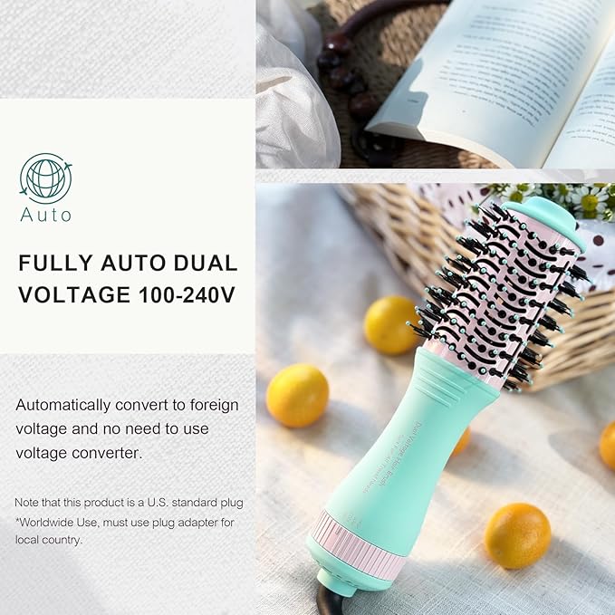 Travel Hair Dryer Brush Dual Voltage Blow Dryer in One, 2 inch Mini Hot Air Styling Tool, Hair Volumizer/Straightener/Curler with Universal Adapter, European Travel Size Styler