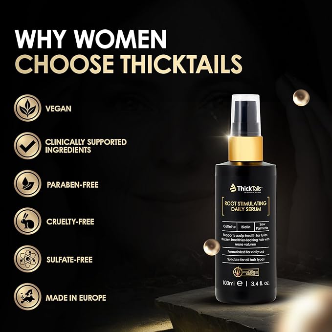 ThickTails Hair Growth Serum for Women with Biotin and Caffeine, Leave In Root Stimulating Scalp Serum, Lightweight Hair Thickening Treatment for Thinning Hair and Fuller Looking Roots, 3.4 fl oz