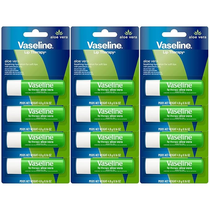 Vaseline Lip Therapy Aloe Fresh 12-Pack – Moisturizing Lip Balm for Very Dry Lips, 0.16 Oz Ea