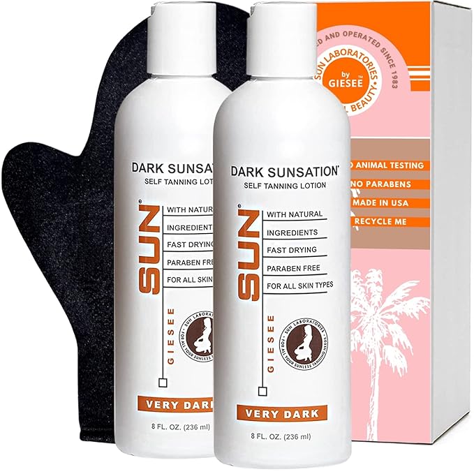 Sun Laboratories By Giesee Dark Sunsation Self Tanning Lotion 8 oz 2 Pack with Tanning Mitt - Organic Self Tanner, Sunless Tanner, Sun Labs Very Dark Tanning Lotion, Self Tanner with Mitt