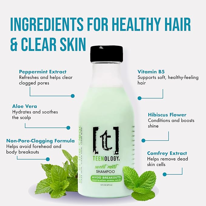 Teenology Teen Shampoo – Avoid Acne Breakouts, Non-Comedogenic, For Dry & Oily Scalps, Sulfate & Paraben Free, Natural Botanical Extracts, for Clear Skin & Healthy Hair, 16 oz – (Mint)