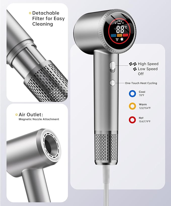 High-Speed Ionic Hair Dryer with Diffuser, 150,000 RPM Brushless Motor Blow Dryer for Fast Drying & 500M Negative Ionic Frizz Control, Low Noise Compact Hair Dryer for Women Home Travel Salon