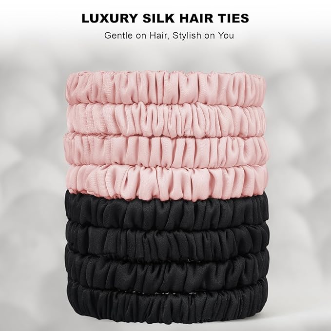 8Pcs Silk Scrunchies Hair Ties for Women & Girls, Mulberry Silk Scrunchies No-Damage Thin Satin Ponytail Holders for Hair Care(Clolor 06)