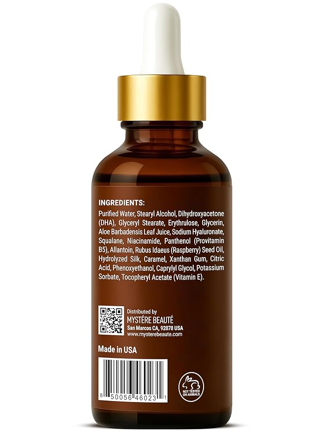 Hydrating Self Tanning Drops – MEDIUM/DARK – Face & Body Glow with DHA, Hyaluronic Acid, Niacinamide – Buildable, Streak Free Tan – MYSTERE BEAUTE – 1 fl oz