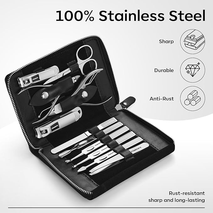 Manicure Kit, FAMILIFE Professional Manicure Set Nail Kit, 11 in 1 Stainless Steel Nail Clippers Set, with Portable Black Leather Travel Case Luxury Gifts for Him