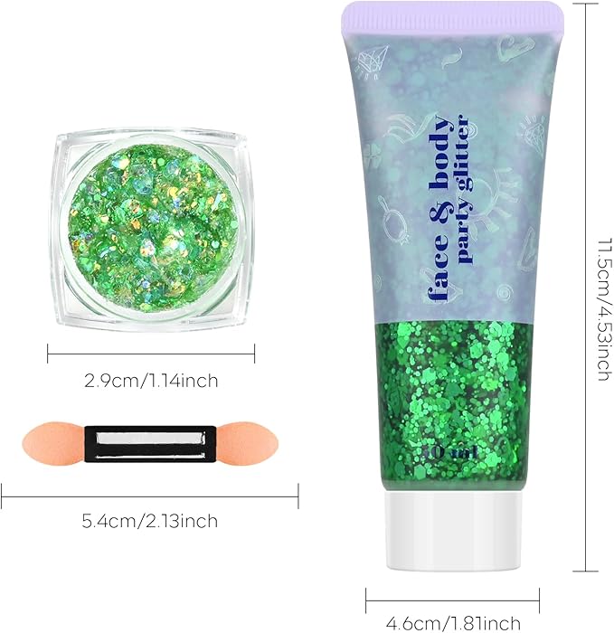 Green Face and Body Hair Glitter Gel, St Patricks Day Shamrock Face Paint Holographic Chunky Festival Rave Accessories Glitter Makeup, 6 Kinds of Sparkling Sequins for Hair Nail Eye Lip Body