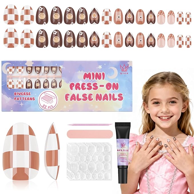 16 Sizes Press on Nails Kit for Kids - 32 Pieces French Almond Fake Nail Tips for Girls 8-12 Years Old with Jelly Nail Adhesives & No-Lamp Nail Glue, Birthday Christmas Gifts (Cozy Autumn)