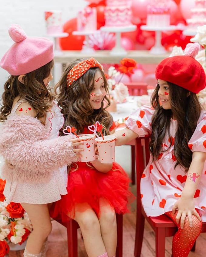 Temporary Tattoos for Kids, 12 Sheets Love Heart Confession Decorations for Classroom Girls Boys School Class Bday, 113pcs Pattern for Festivals and Parties (Red - Love)