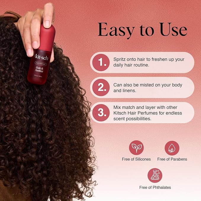 Kitsch Hair Perfume for Women - Oak & Amber | Clean, Deodorizing & Patented Odor-Eliminating Technology Hair Spray & Body Mist - Freshen Hair, Body & Pillows- Berries and Blooming Jasmine Scent - 50mL