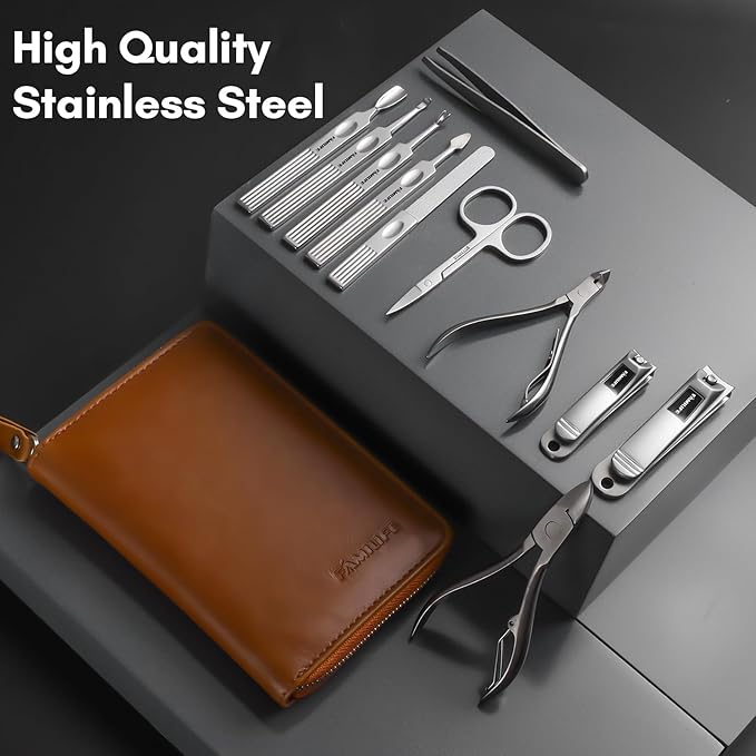 FAMILIFE Manicure Set, Professional Manicure Kit Nail Clippers Set 11 in 1 Stainless Steel Pedicure Tools Nail Kit Men Grooming Tool with Portable Brown Leather Travel Case Luxury Gifts for Him