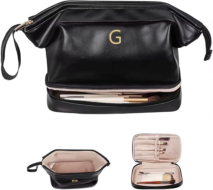 Gifts for Her, Initial Large Makeup Bags, Personalized Double Layer Cosmetic Bag with Makeup Brush Organizer, Waterproof, PU Leather Travel Toiletry Bag Wedding Gifts, Bridesmaid Gifts