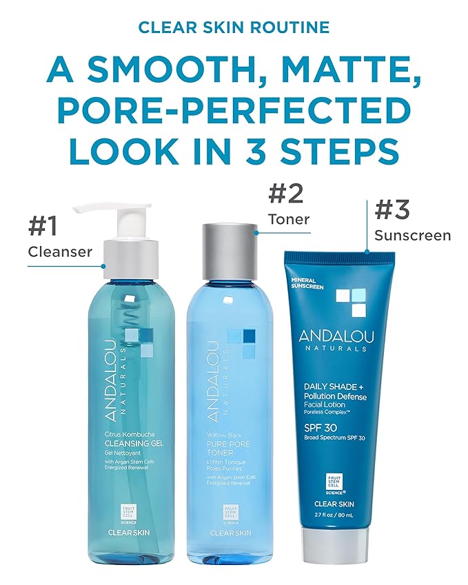 Andalou Naturals Clear Skin Mineral Face Sunscreen SPF 30 - Daily Shade Pollution Defense Facial Sunblock Lotion with Zinc Oxide - Lightweight, Non-Greasy, Non-comedogenic, Fragrance-Free - 2.7 fl oz
