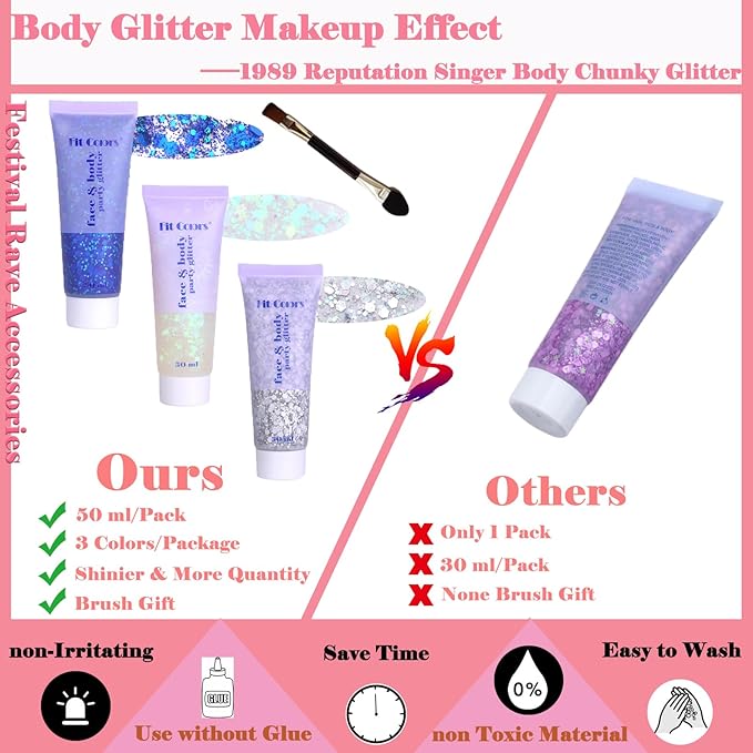 Body Glitter Face Glitter Gel: Singer Concerts Disco Festival Rave Accessories Face Glitter Makeup Chunky Sequins Mermaid Face Body Hair Glitter Gel (White&Silver&Blue)
