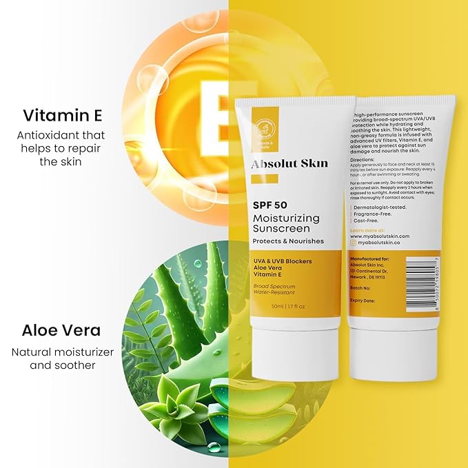 AbsolutSkin SPF 50 Moisturizing Sunscreen – Lightweight Daily Face Sunscreen with Aloe & Vitamin E – No White Cast – 60ml