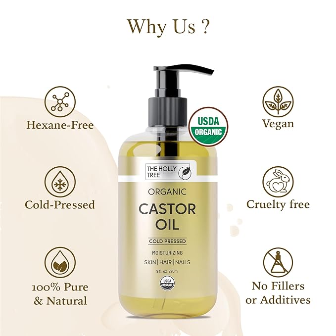 Organic Castor Oil - Cold Pressed 9 fl oz - 100% Pure & Hexane Free - Castor Oil for Hair Growth - Moisturizing & Nourishing - for Face & Body