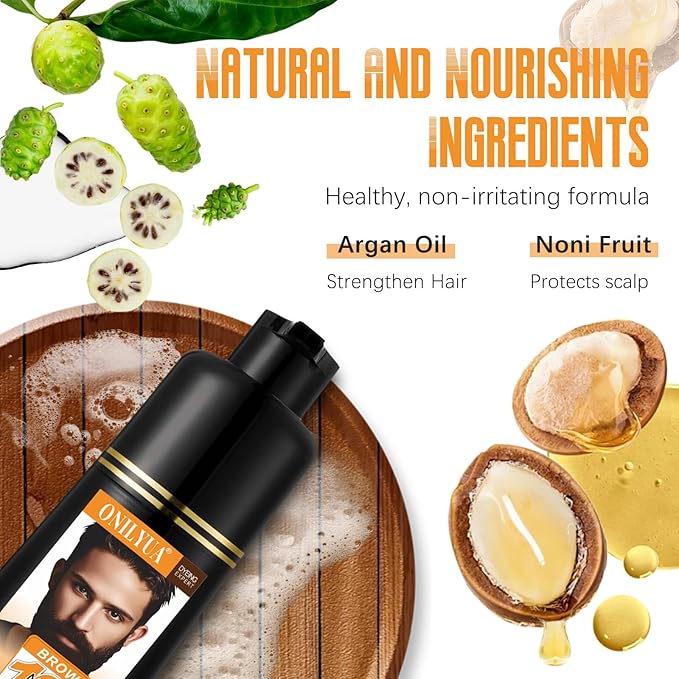 Mens Beard & Mustache Dye Shampoo, Instant 100% Grey Hair Coverage, 3 in 1 Brown Beard Color Shampoo for Men Facial Hair, Easy to Use & Dermatologist Tested, 200ML